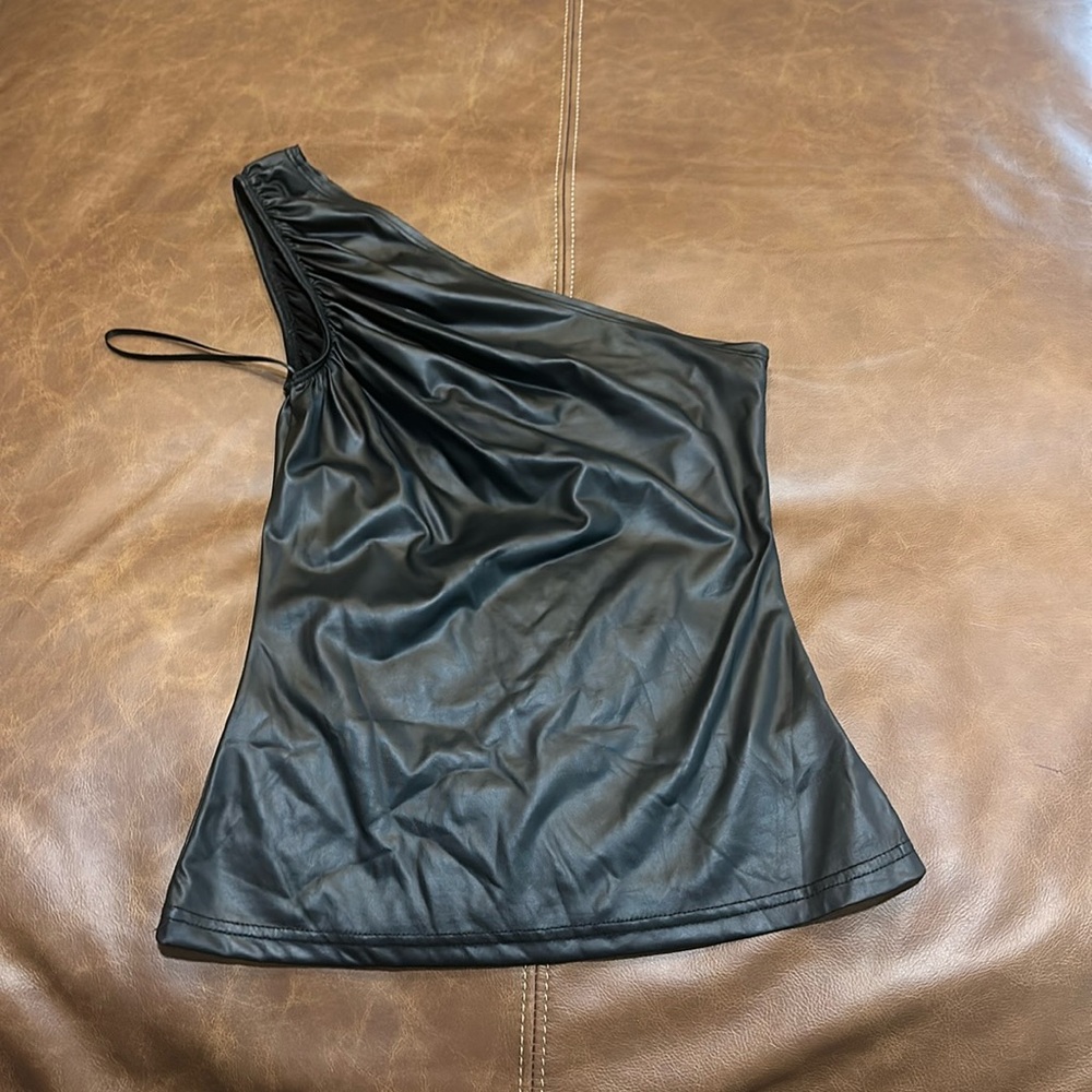 One shoulder, black leather, like top